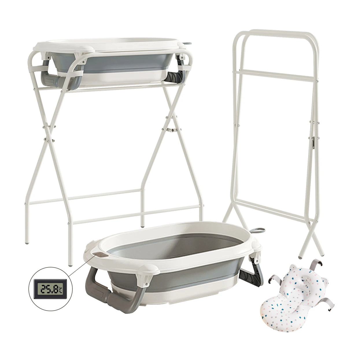 Baignoire bébé sur pied 3-en-1 thermomètre coloris gris