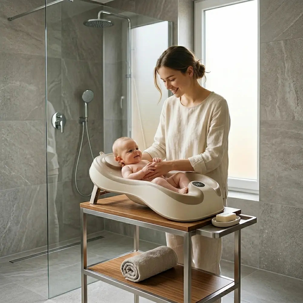 Maman donnant le bain à son bébé installé dans le transat thermomètre universel