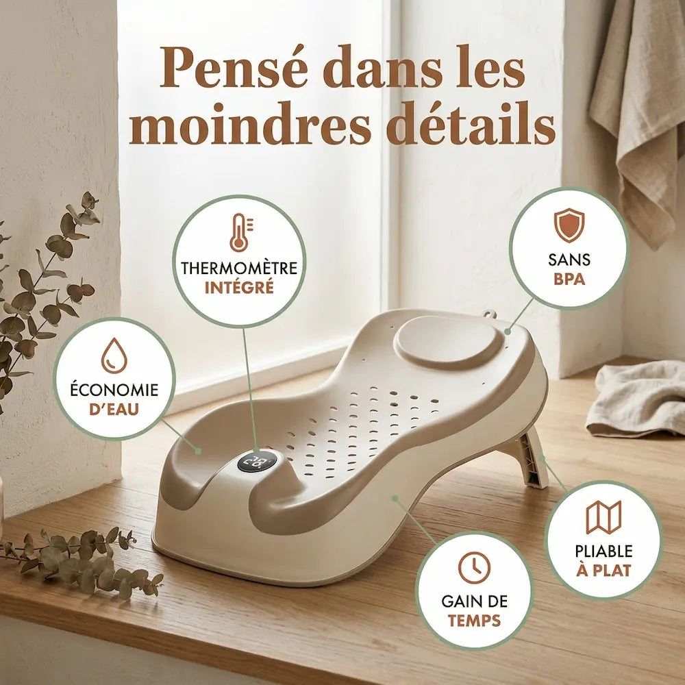 Transat baignoire bébé thermomètre universel, vue packshot ergonomique