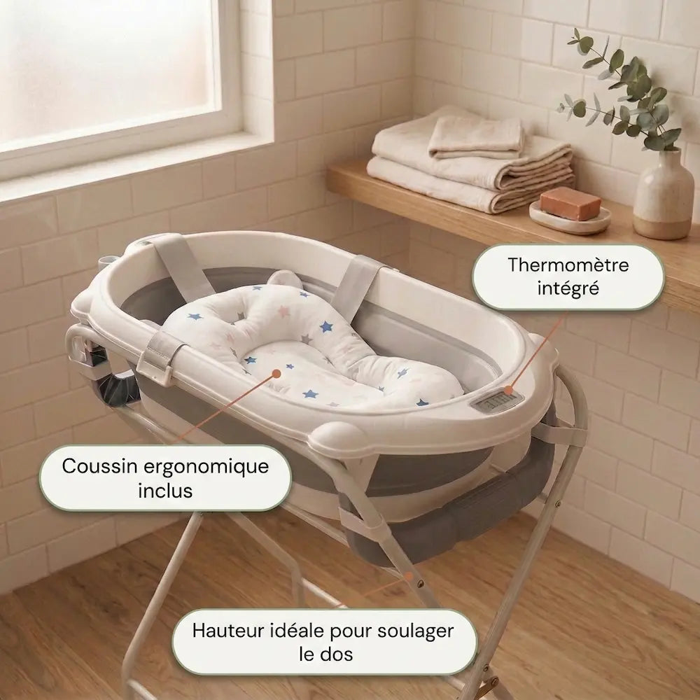 Baignoire bébé sur pied 3-en-1 thermomètre - 0 à 12 mois