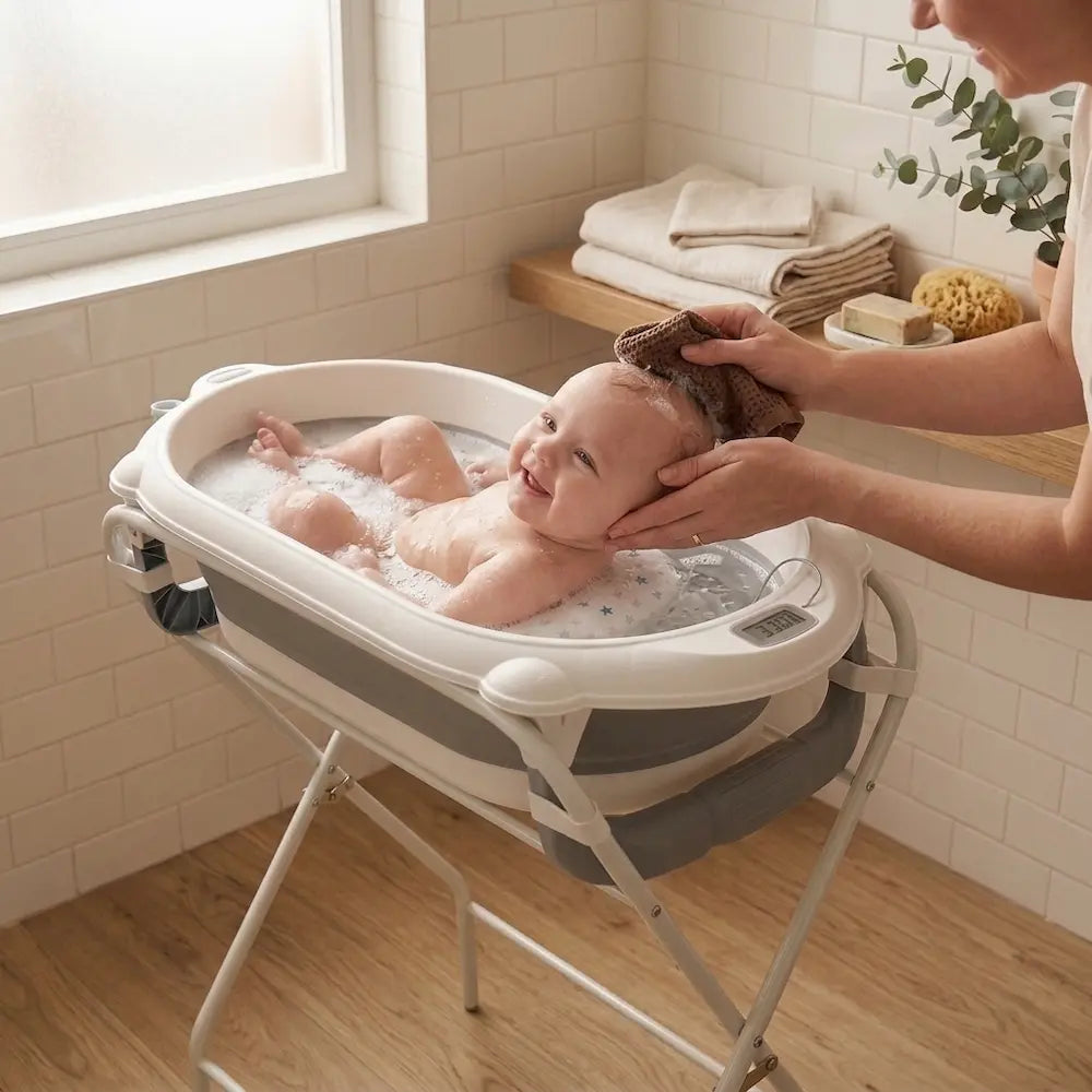 Baignoire bébé sur pied 3-en-1 thermomètre - 0 à 12 mois