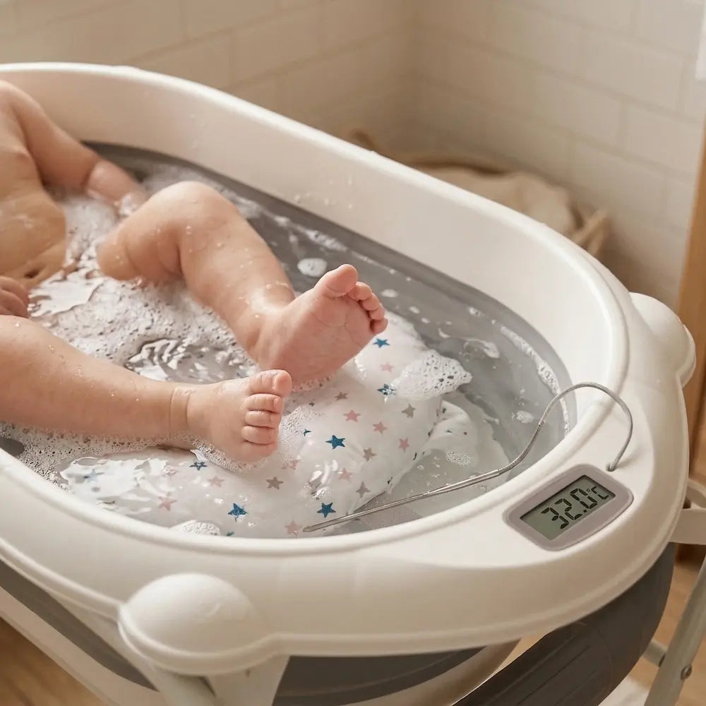 Baignoire bébé sur pied 3-en-1 thermomètre - 0 à 12 mois