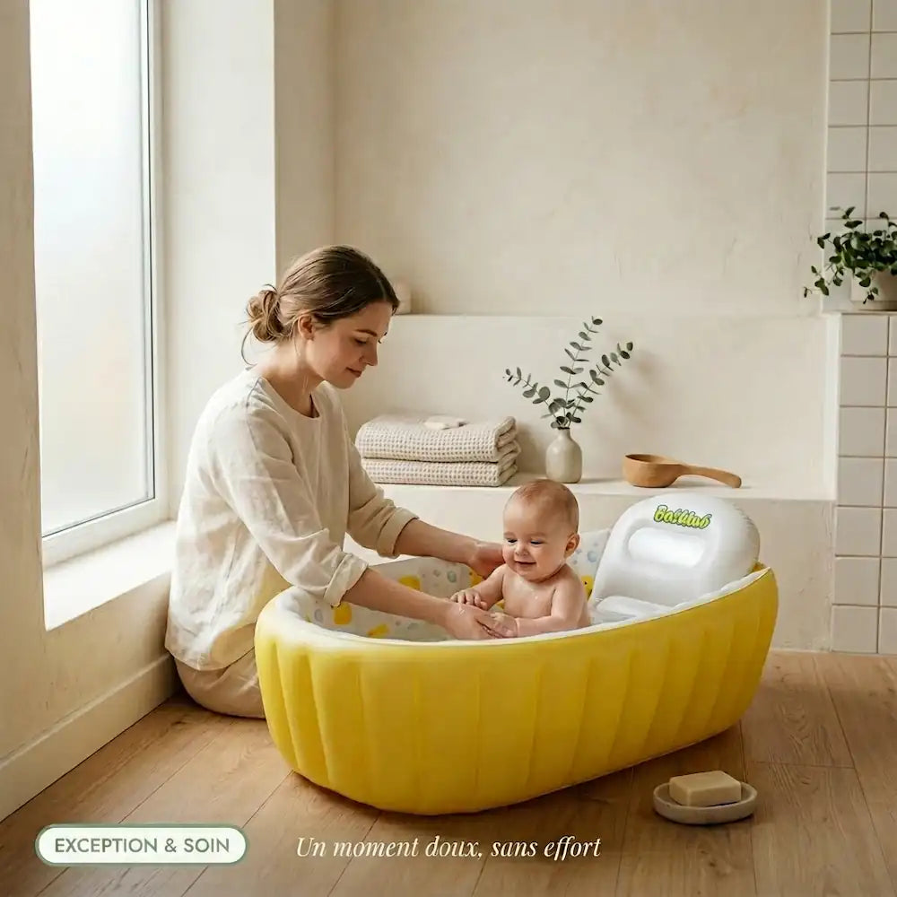 Maman donnant le bain à son bébé dans la baignoire gonflable antidérapante