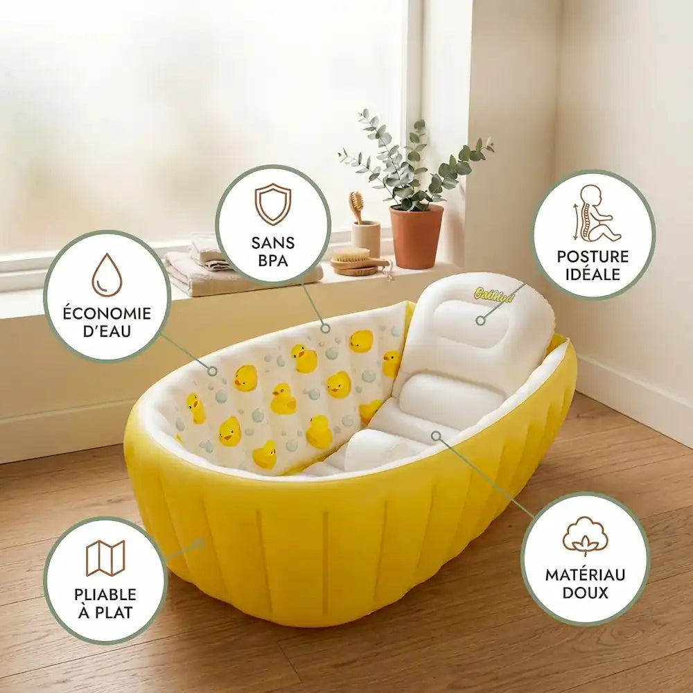 Baignoire bébé gonflable pliable, vue packshot fond antidérapant