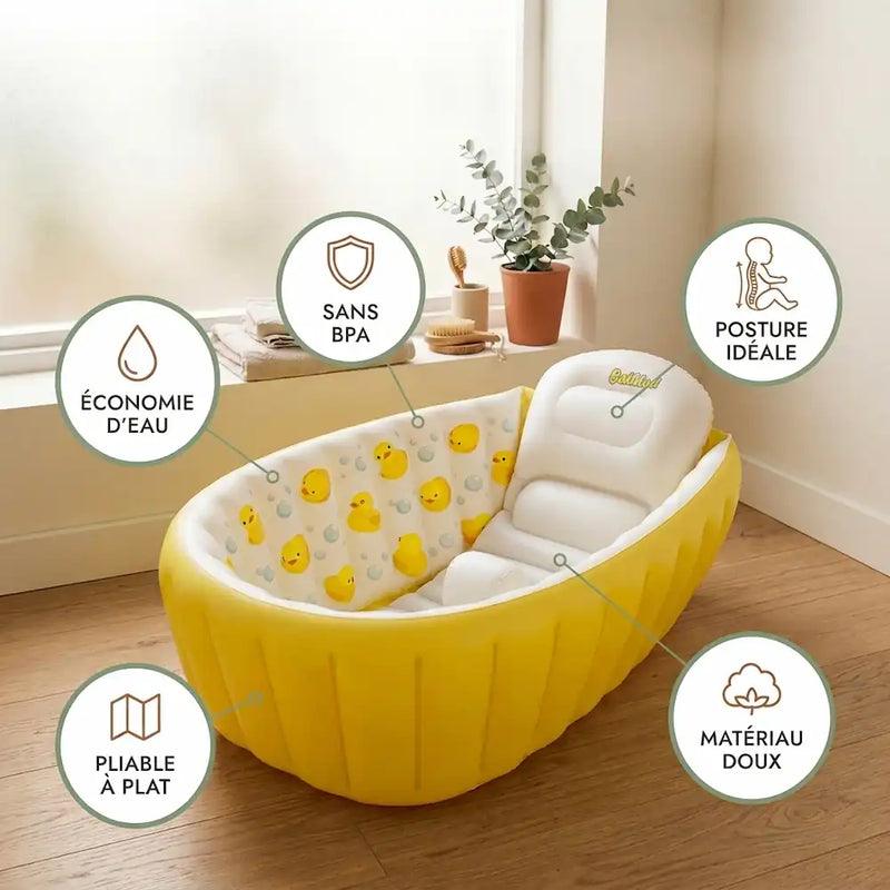 Baignoire bébé gonflable pliable, vue packshot fond antidérapant