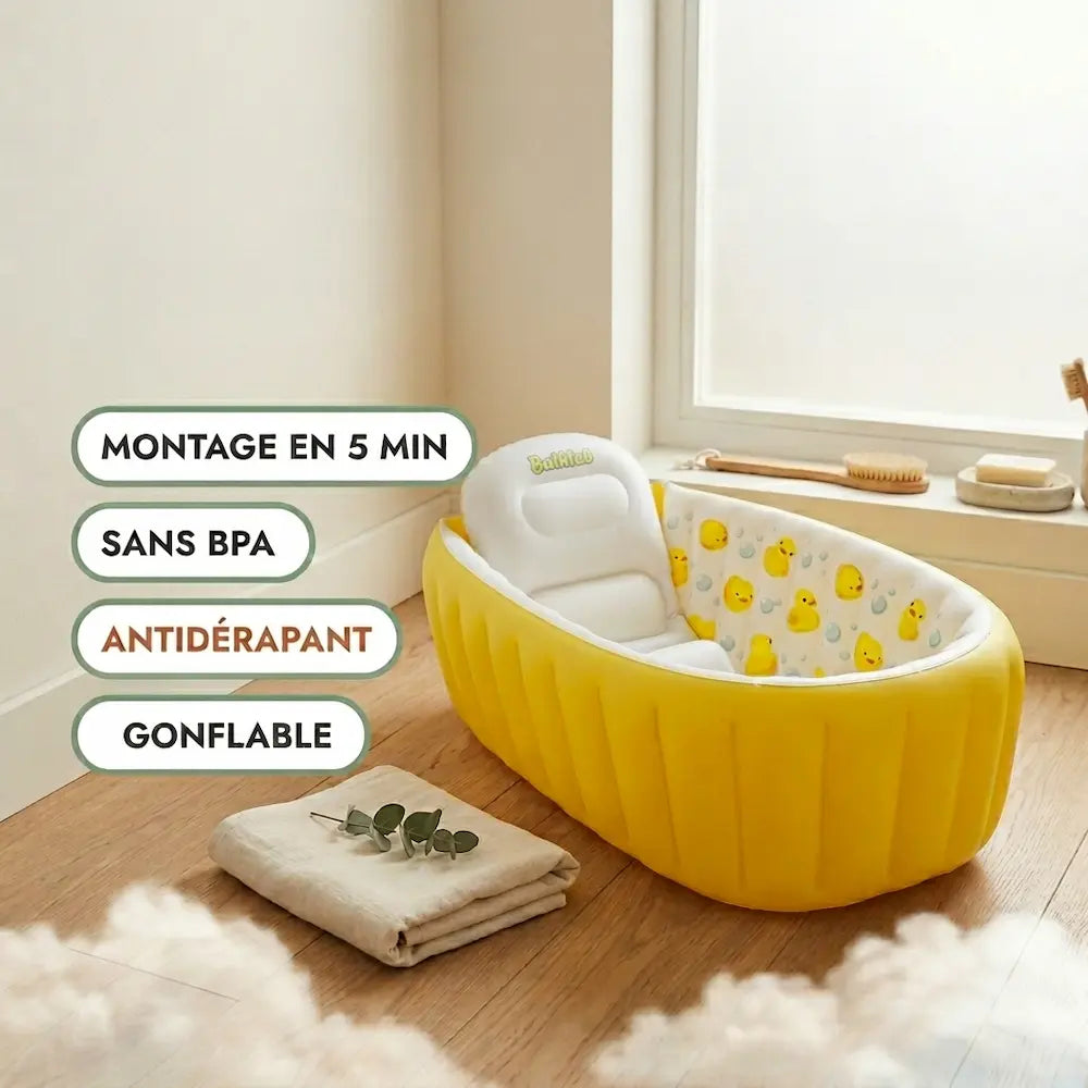 Baignoire bébé gonflable pliable à fond antidérapant, dans la salle de bain