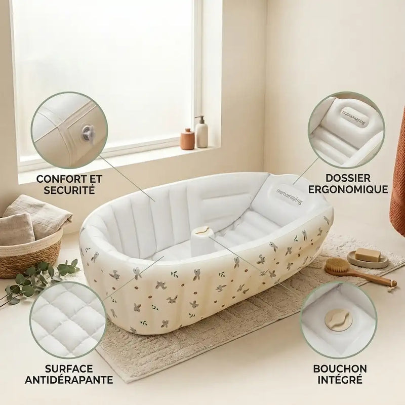 Détail du PVC sans BPA et du motif lapin de la baignoire gonflable bébé