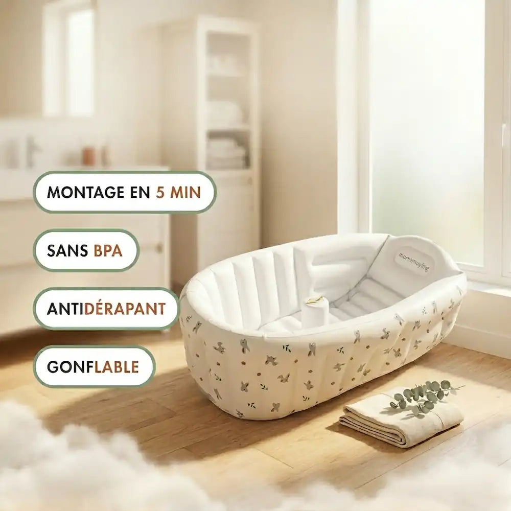 Baignoire gonflable bébé motif lapin installée dans une salle de bain cocooning