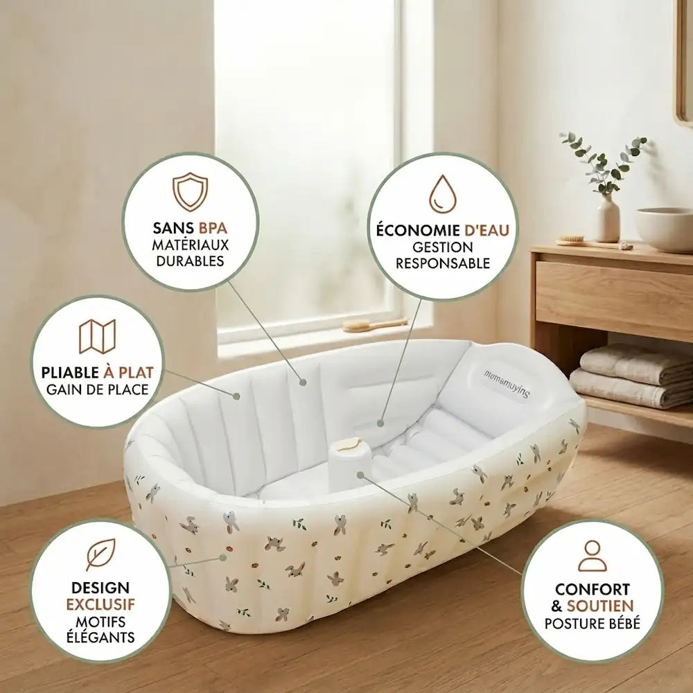 Baignoire gonflable bébé motif lapin gonflée, prête pour le bain