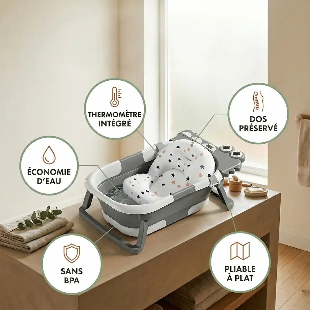 Détail du motif crocodile et du thermomètre de la baignoire pliable bébé