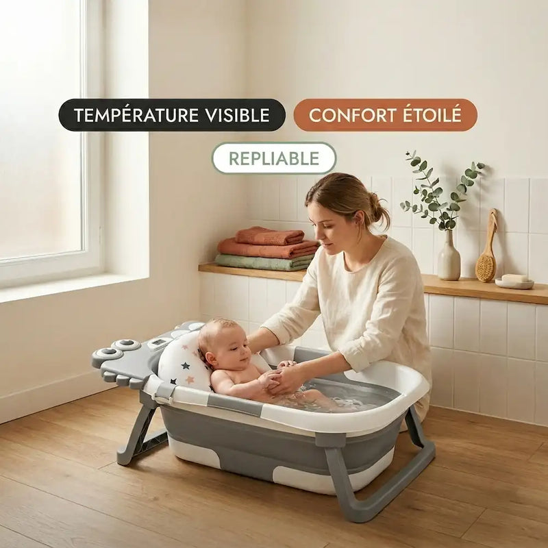Maman donnant le bain à son bébé dans la baignoire pliable crocodile