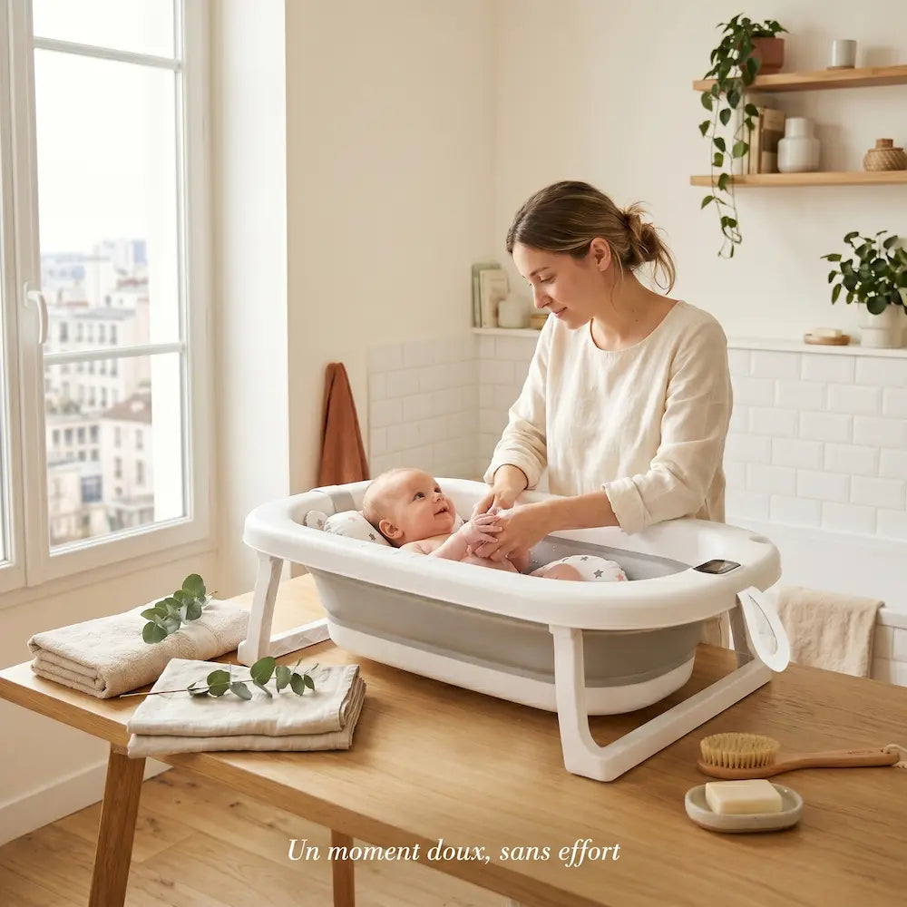 Baignoire bébé pliable ergonomique avec thermomètre intégré, vue packshot