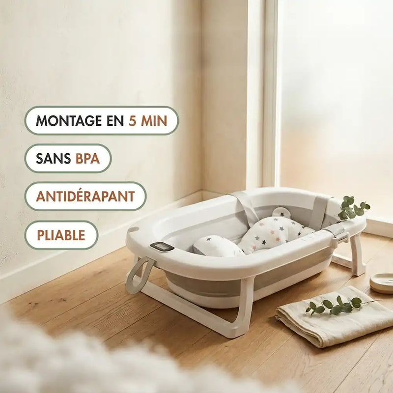 Baignoire bébé pliable avec thermomètre intégré posée dans une salle de bain douce et rassurante