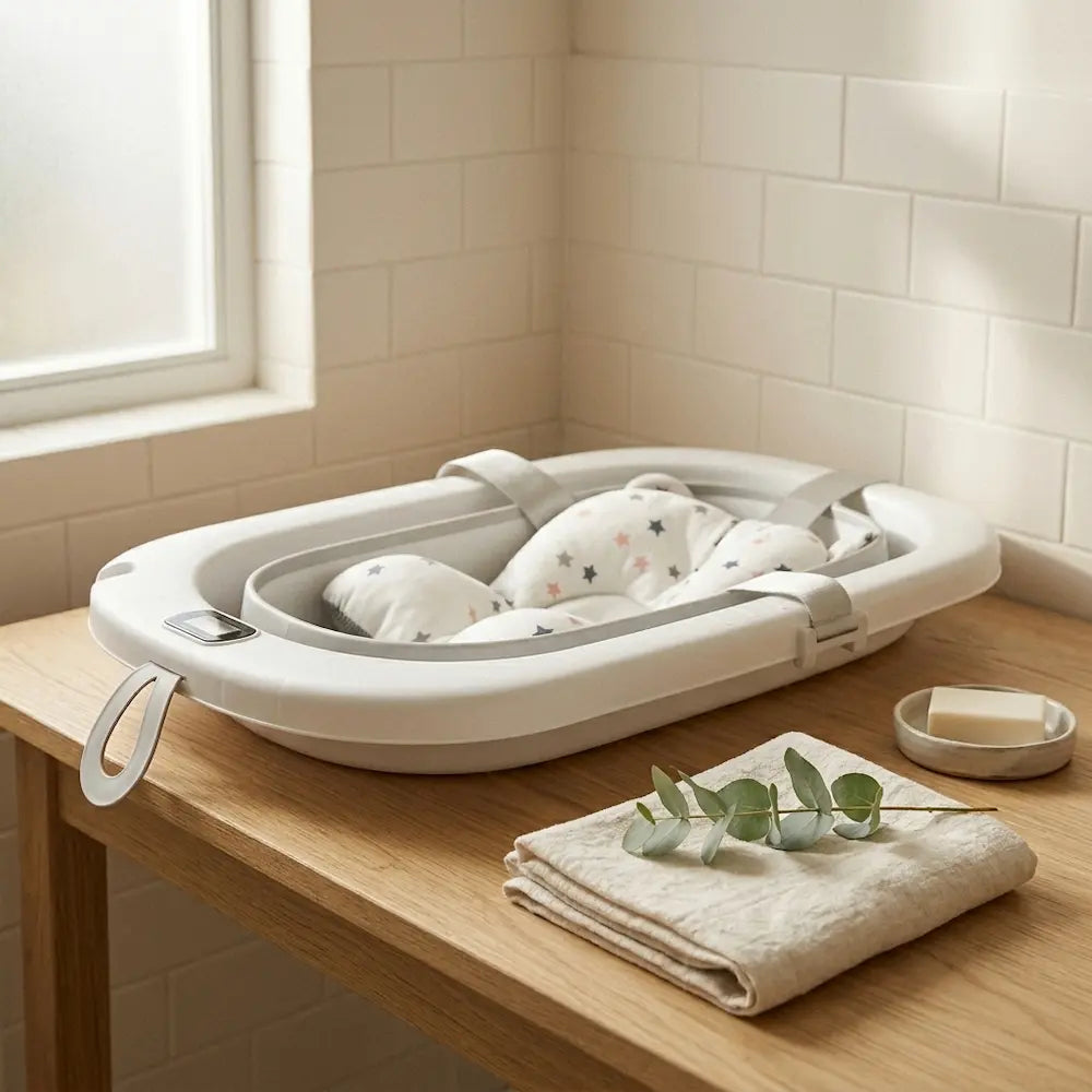 Baignoire bébé pliable posée sur une table en bois, format compact et pliable