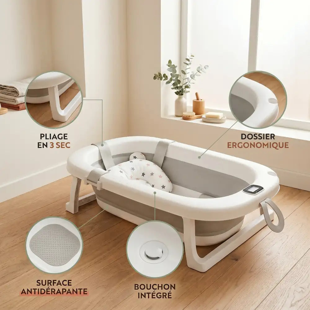 Détail de l'assise ergonomique de la baignoire pliable bébé avec thermomètre