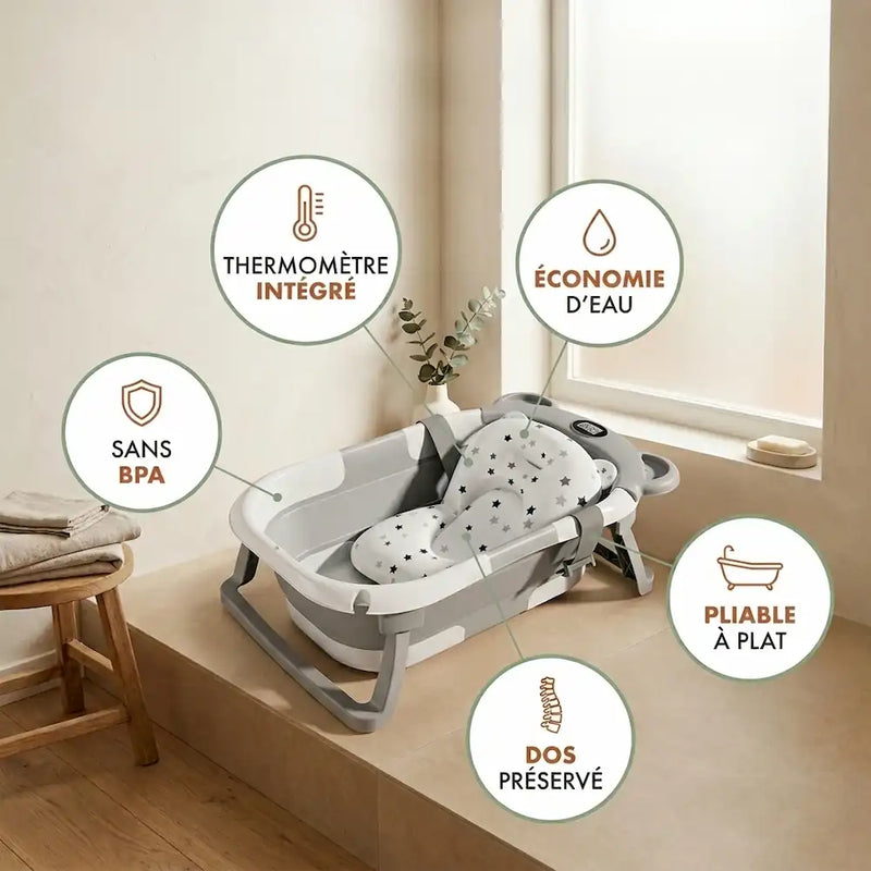 Coussin flottant intégré à la baignoire pliable de voyage pour bébé