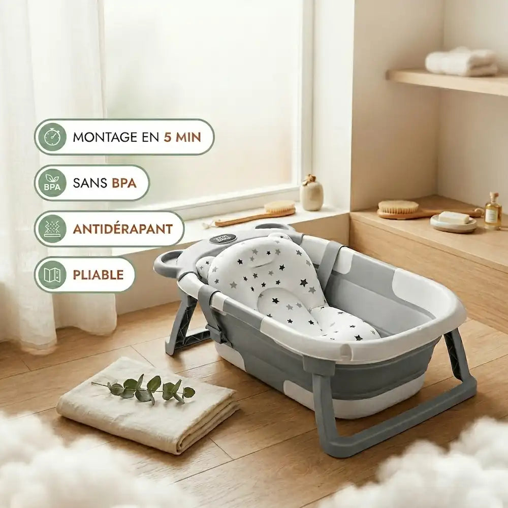 Baignoire bébé pliable de voyage avec coussin flottant et thermomètre intégré