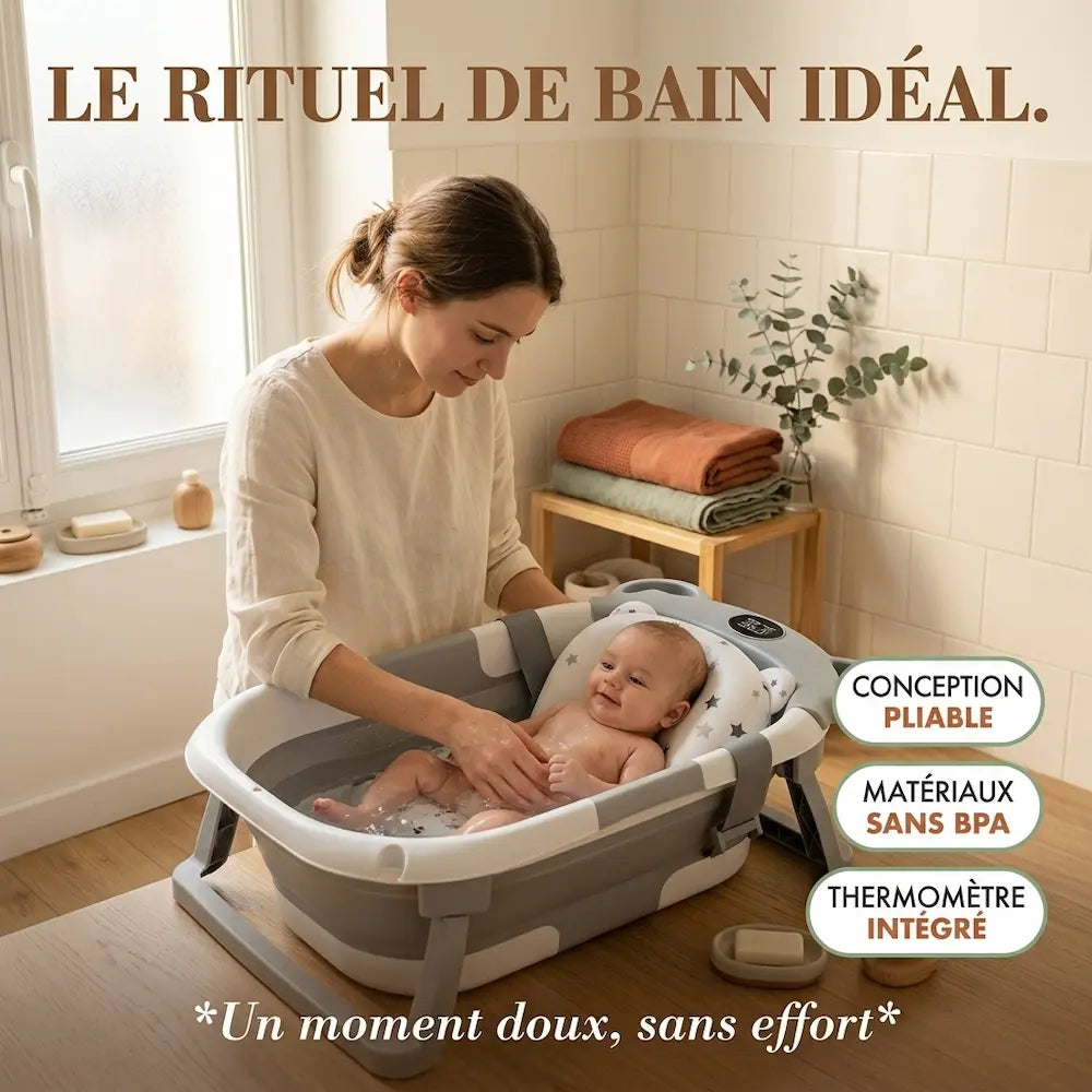 Maman donnant le bain à son bébé dans la baignoire pliable de voyage