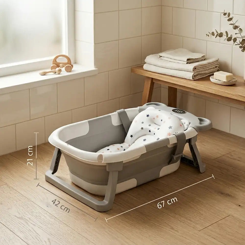 Baignoire pliable de voyage installée dans une salle de bain rassurante