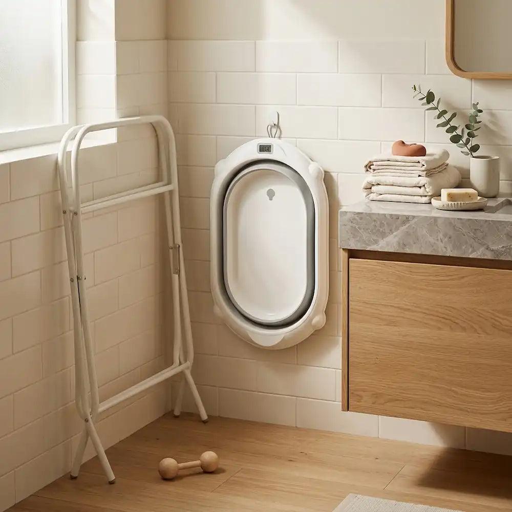 Baignoire bébé sur pied 3-en-1 en situation dans un intérieur épuré