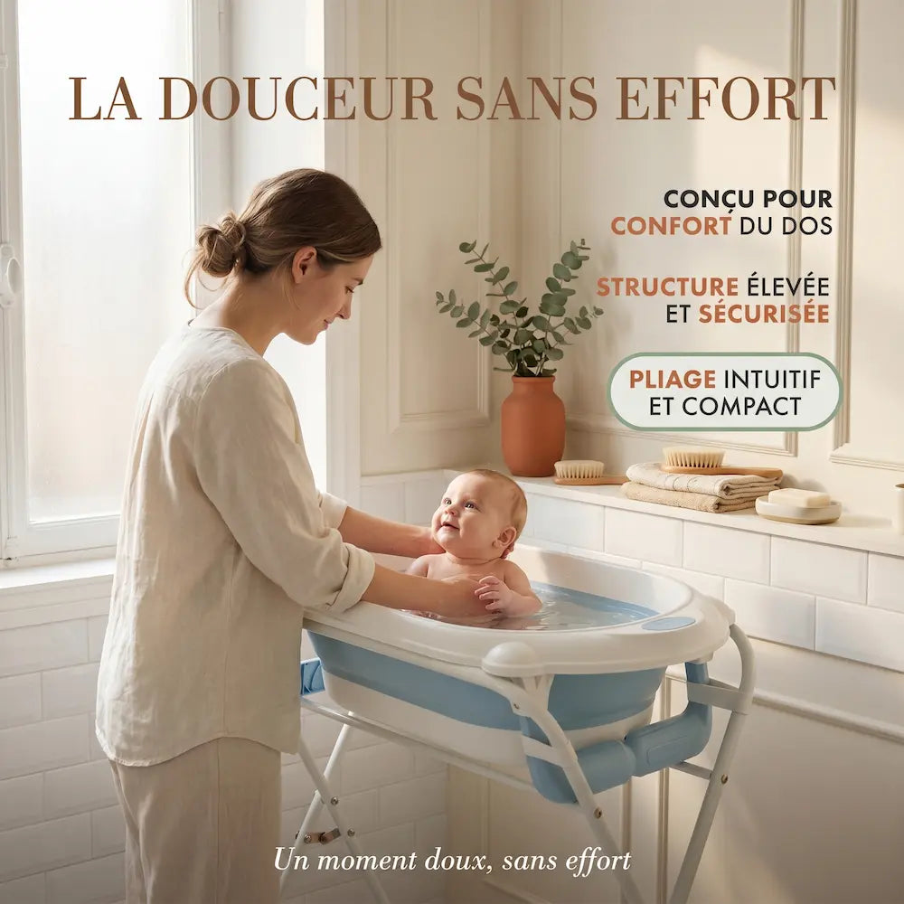 Baignoire bébé sur pied 3-en-1 vue de profil, structure pliable