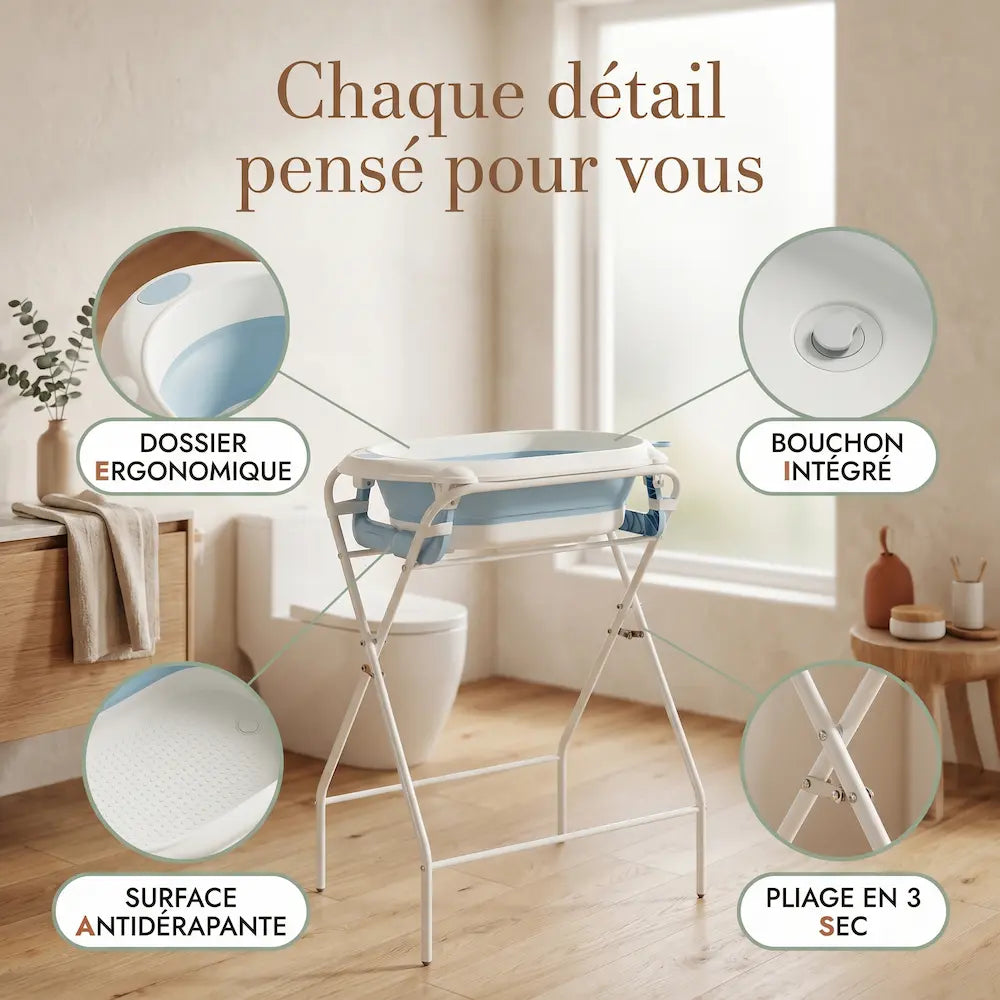 Baignoire bébé sur pied 3-en-1 thermomètre intégré, vue packshot