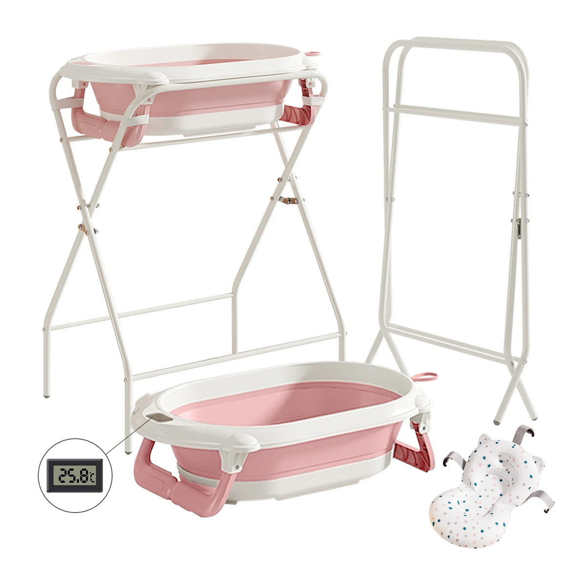 Baignoire bébé sur pied 3-en-1 thermomètre coloris rose