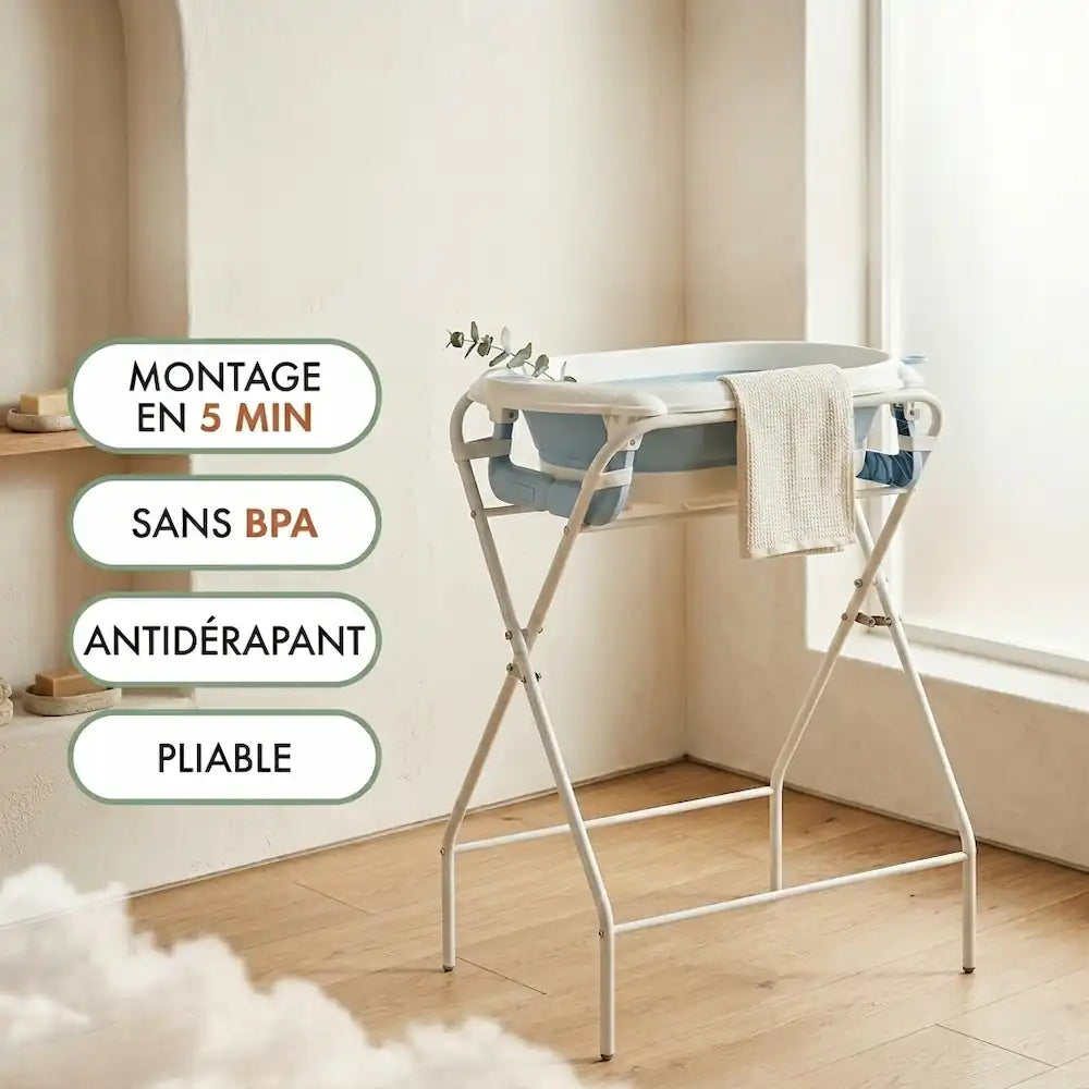 Baignoire bébé sur pied 3-en-1 avec thermomètre installée dans la salle de bain