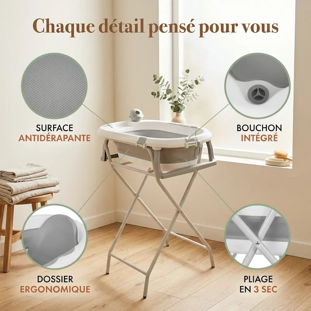 Vue arrière de la baignoire bébé sur pied inox avec bouchon de vidange