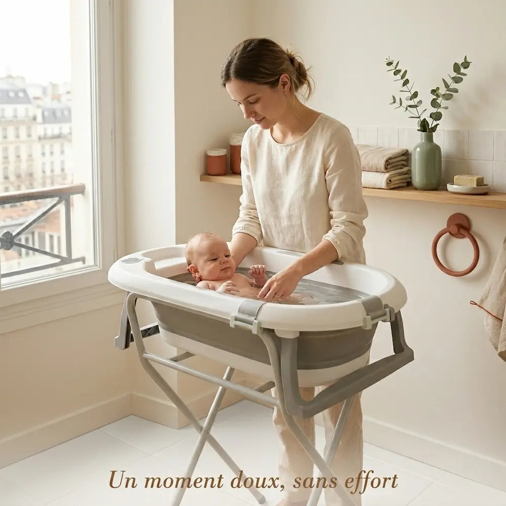 Maman donnant le bain à son bébé dans la baignoire sur pied inox pliable