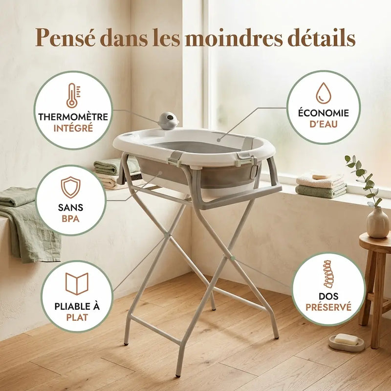 Baignoire bébé sur pied inox pliable, vue packshot avec système de vidange