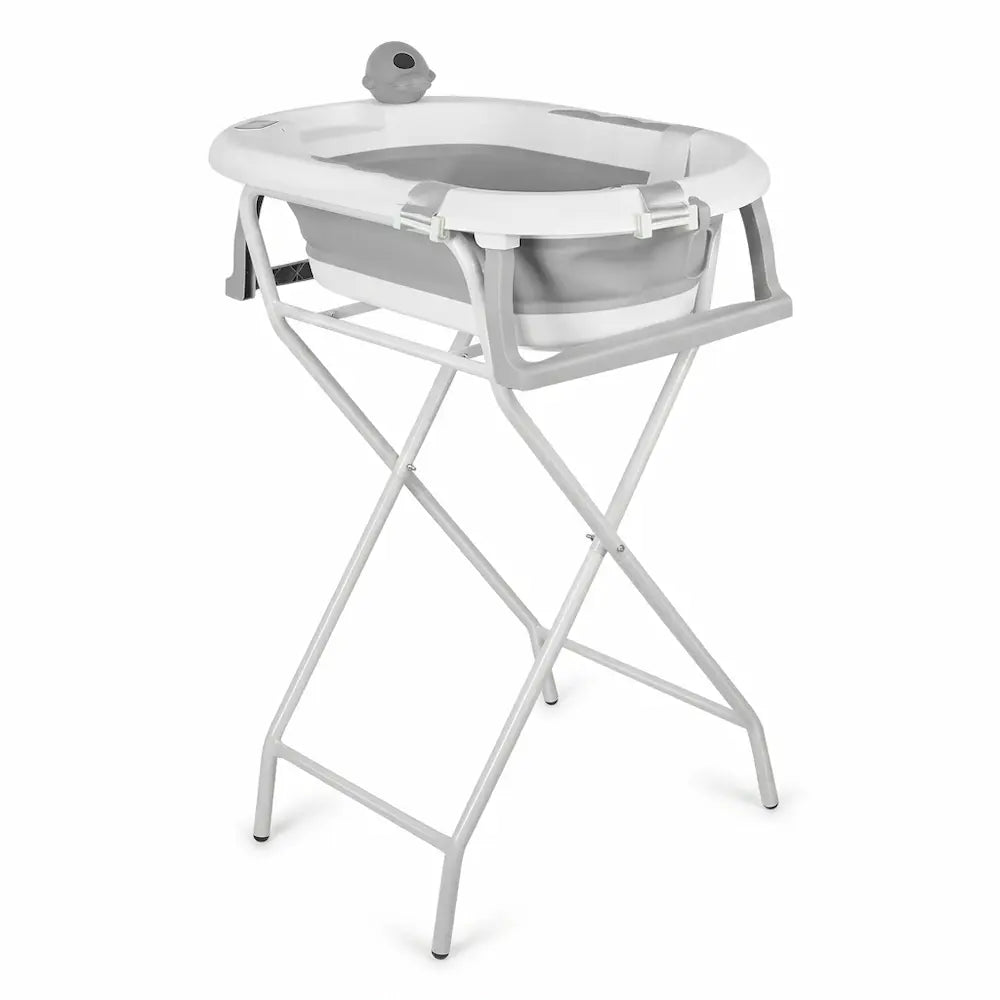 Baignoire bébé sur pied en inox pliable avec système de vidange, 0 à 18 mois