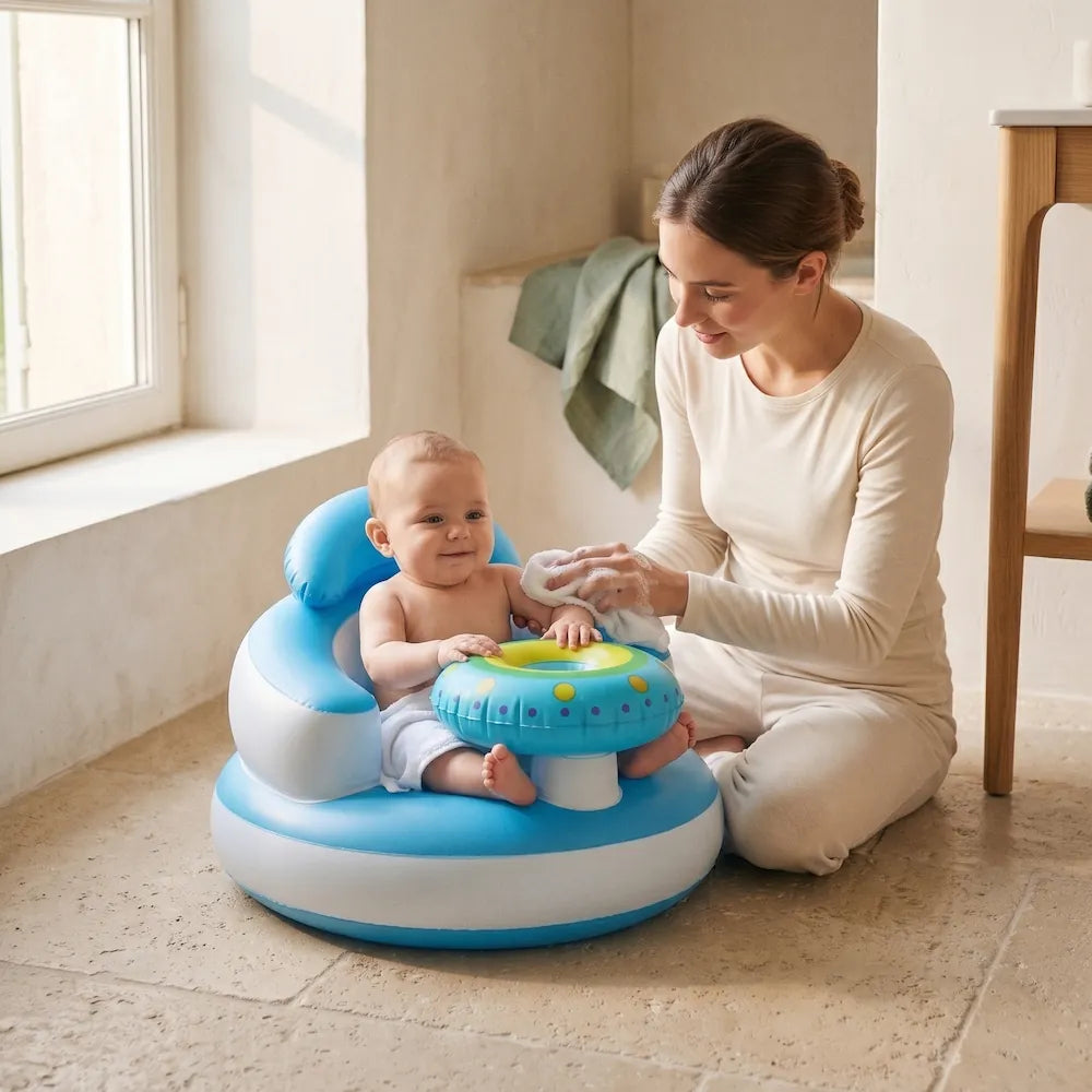 Siège de bain bébé gonflable installé dans une salle de bain calme et rassurante