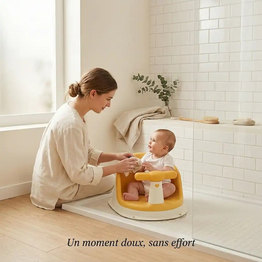 Maman donnant le bain à son bébé assis dans le siège de bain portable