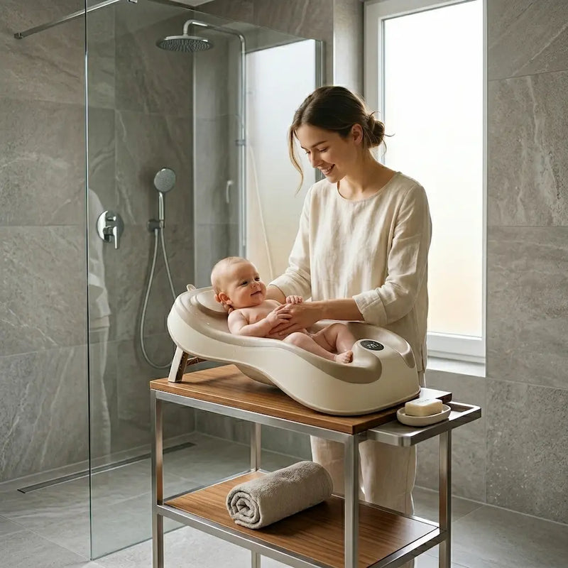 Maman donnant le bain à son bébé installé dans le transat thermomètre universel