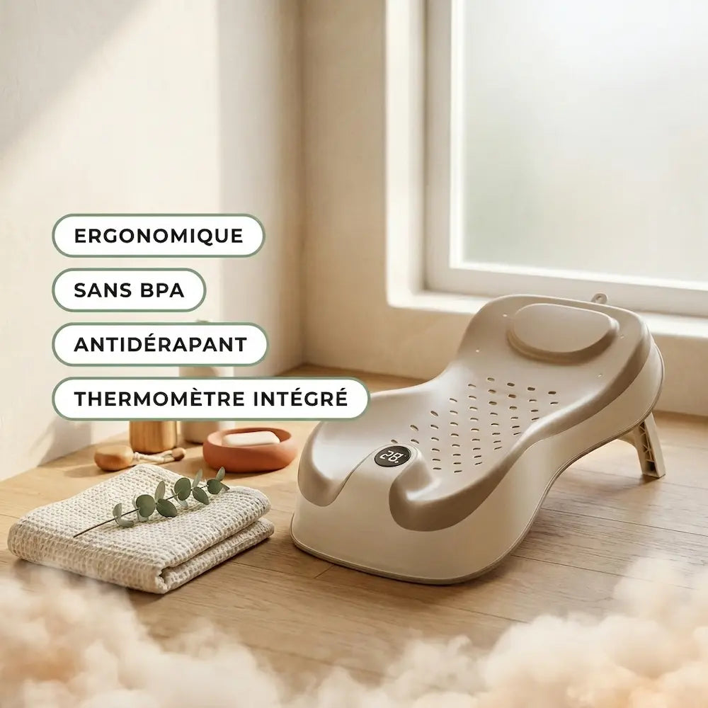 Transat baignoire bébé avec thermomètre universel installé dans la salle de bain