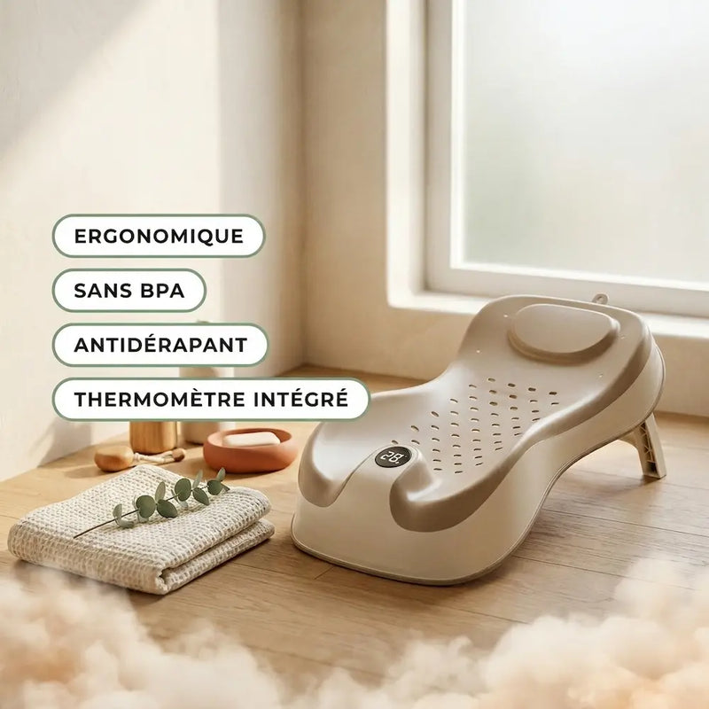 Transat baignoire bébé avec thermomètre universel installé dans la salle de bain