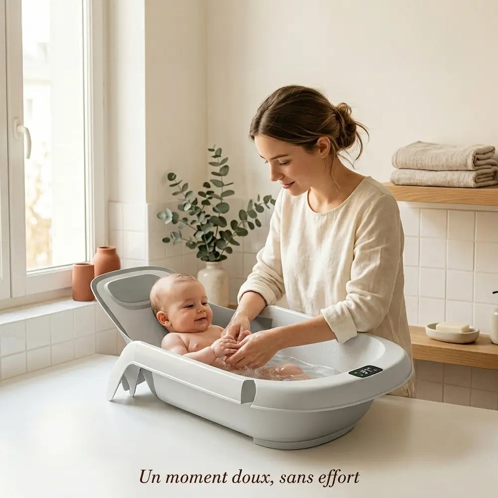 Maman donnant le bain à son nouveau-né dans le hamac de bain évolutif